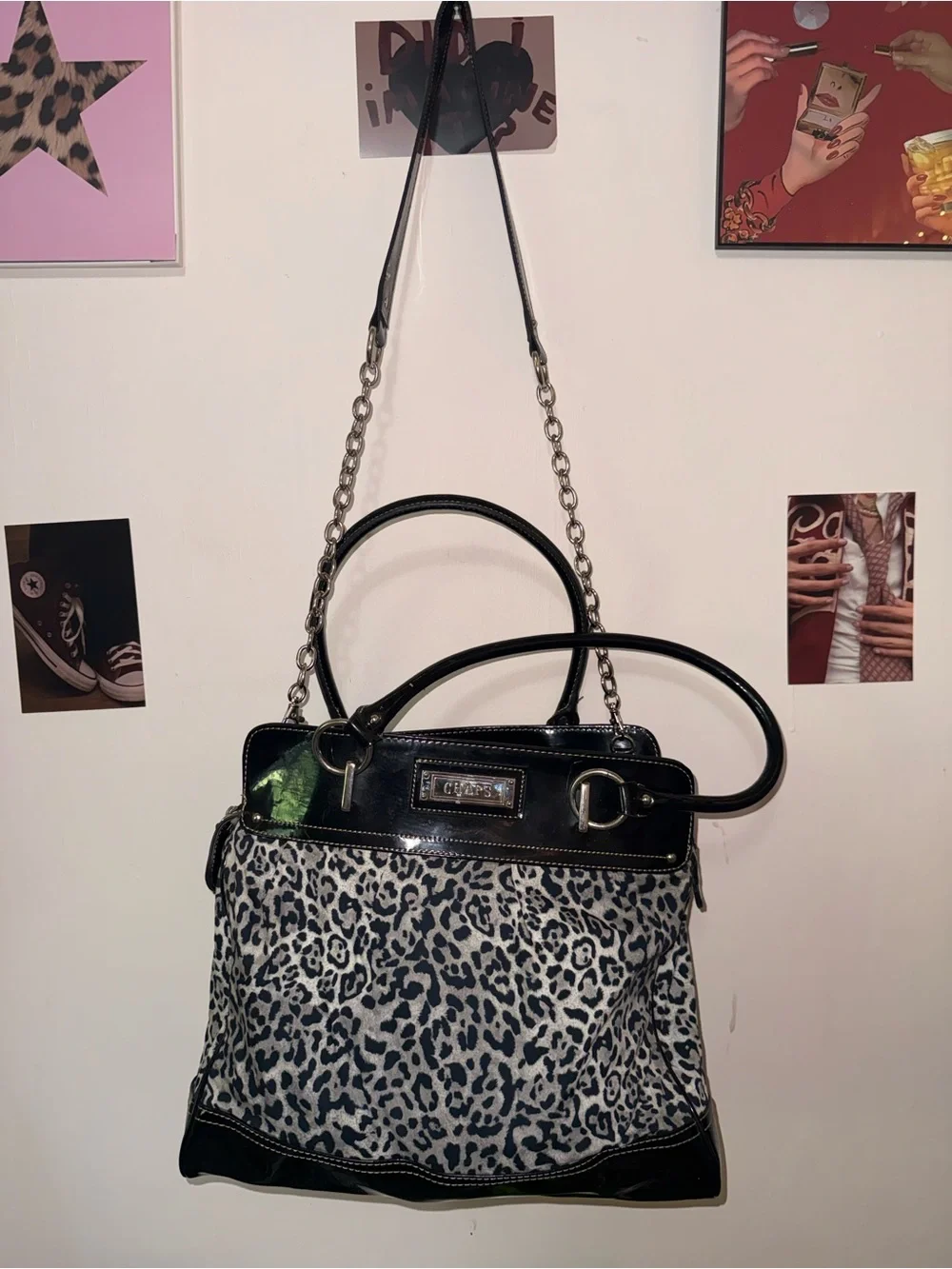 Vintage Chaps Snow Leopard & Patent Leather Shoulder Bag